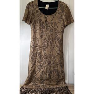 Helene Blake Dress Women’s 8 Crochet Fringe Tan Black Boho Midi Party Flapper V3